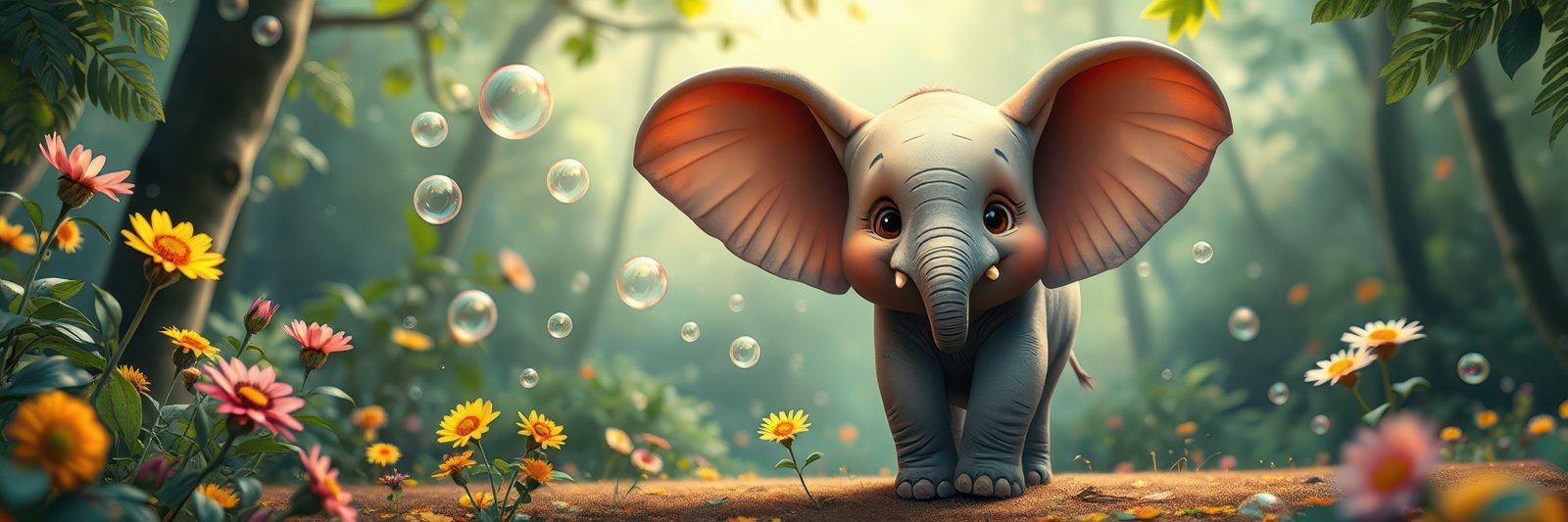 Cute baby elephant playing in a vibrant forest surrounded by flowers and bubbles on a sunny day